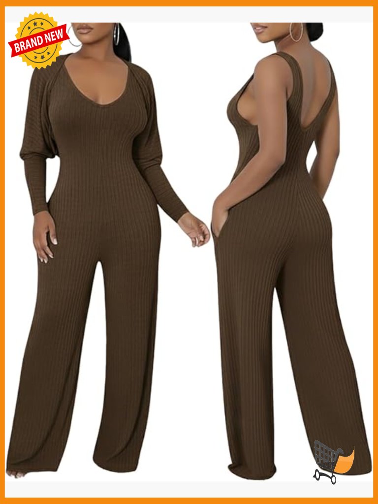 Womens Ribbed Knit 2 Piece Set - Jumpsuit & Cardigan
